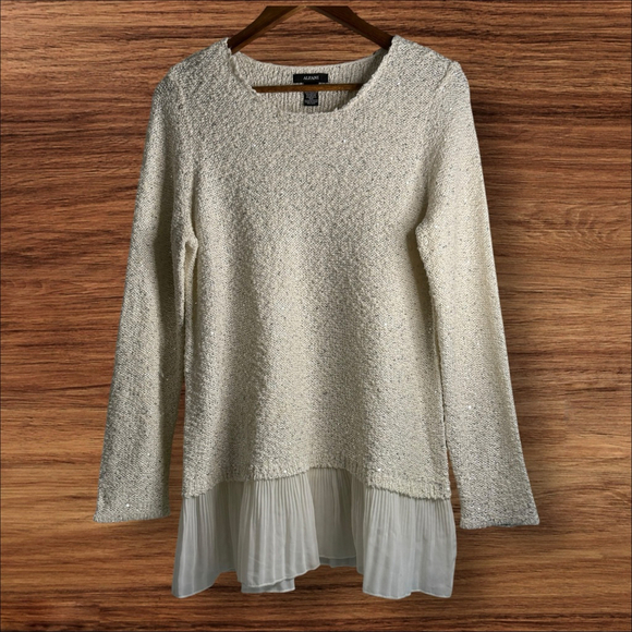 Alfani Sequin Knit Sweater Tunic w/ Chiffon Hem White Medium - Picture 1 of 5